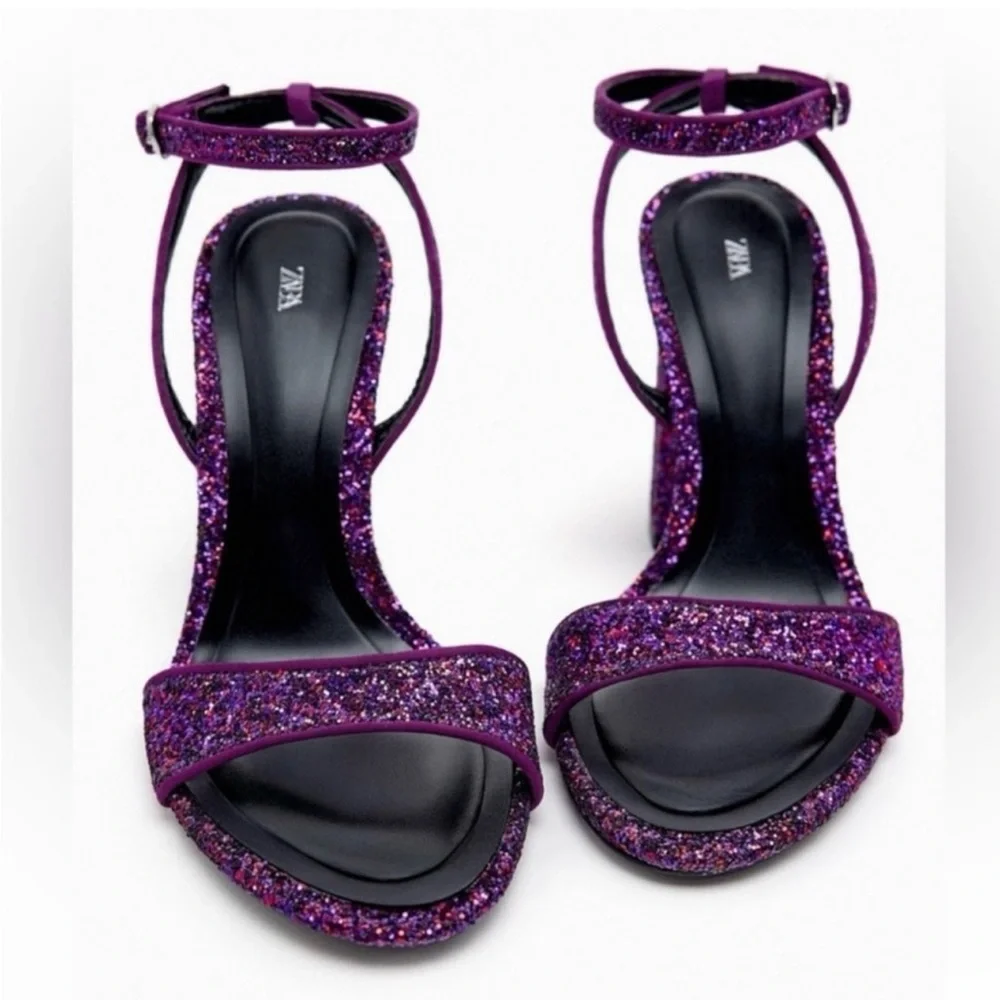 Zara Purple Glitter Block Heel Sandals w/ Ankle Strap Size 7.5 - Picture 3 of 11